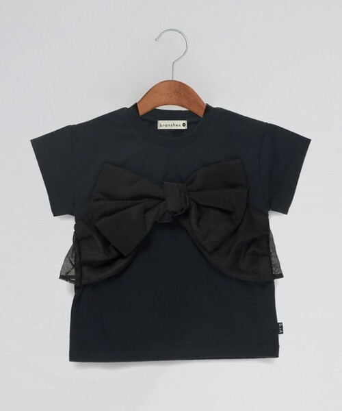 BRANSHES(ブランシェス)の「【b.+A】金子綾/リボンドッキング半袖Tシャツ(Tシャツ/カットソー・キッズ・ブラック/杢グレー/オフホワイト・110/100/90/120/130/140/150)」の1枚目の写真
