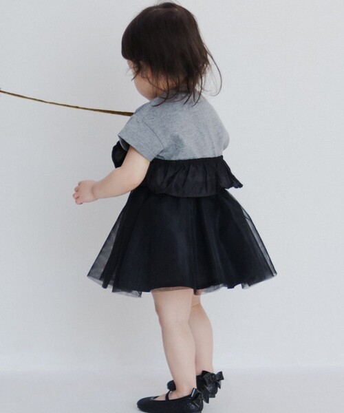 BRANSHES(ブランシェス)の「【b.+A】金子綾/リボンドッキング半袖Tシャツ(Tシャツ/カットソー・キッズ・ブラック/杢グレー/オフホワイト・110/100/90/120/130/140/150)」の4枚目の写真