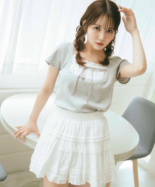 TITTY&CO.（ティティーアンドコー）の「フロントフリルリボントップス（Tシャツ/カットソー・レディース・グレー/ブラック・FREE）」の12枚目の写真