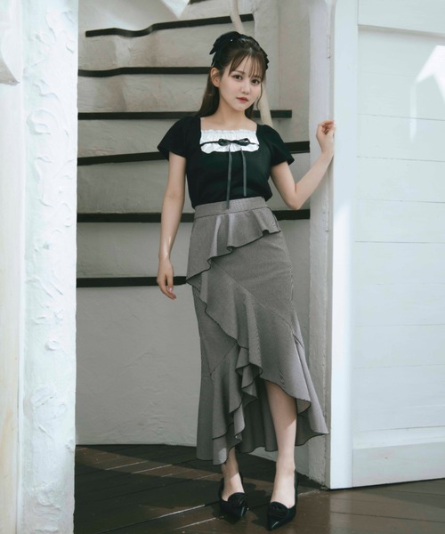 TITTY&CO.（ティティーアンドコー）の「フロントフリルリボントップス（Tシャツ/カットソー・レディース・グレー/ブラック・FREE）」の17枚目の写真