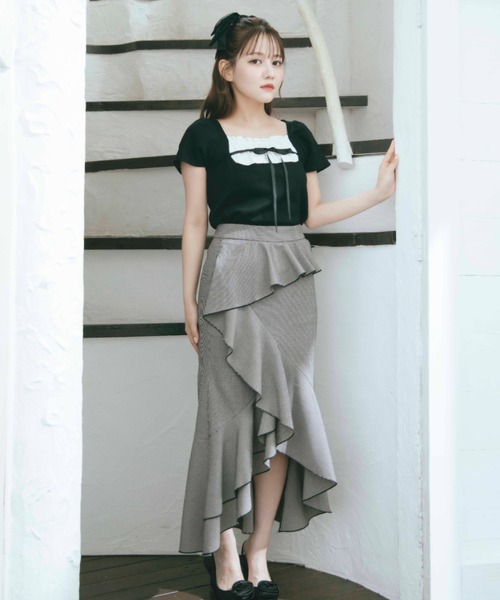 TITTY&CO.（ティティーアンドコー）の「フロントフリルリボントップス（Tシャツ/カットソー・レディース・グレー/ブラック・FREE）」の15枚目の写真