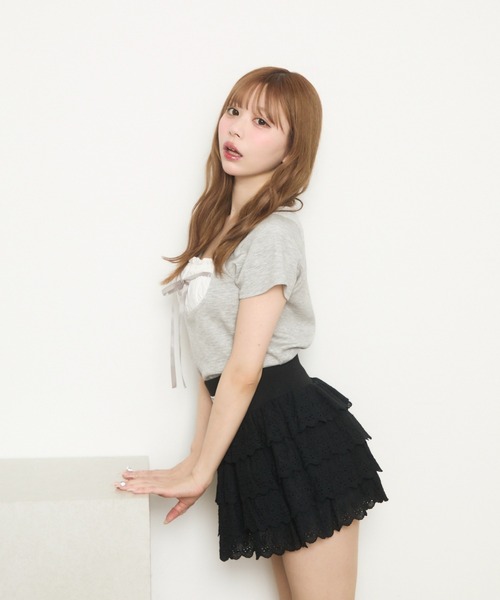 【THEAIRTOWN】リボン フリル ジップアップ トップス セール】フロントフリルリボントップス（Tシャツ/カットソー