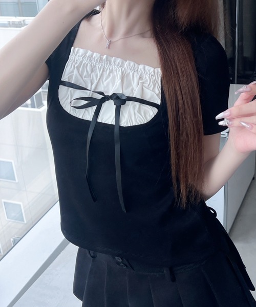 【THEAIRTOWN】リボン フリル ジップアップ トップス セール】フロントフリルリボントップス(Tシャツ/カットソー