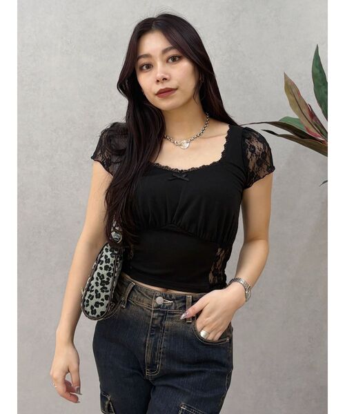 セール】レースドッキングクロップドトップス（Tシャツ