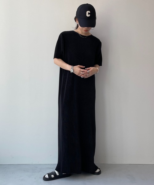 デイリーデイリースーパーストレッチクルーネックプリーツワンピース　LONG デイリーデイリースーパーストレッチクルーネックプリーツ