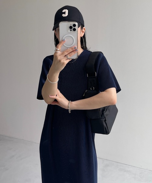 L’EQUIPE（レキップ）半袖プリーツワンピース　ブラック38 daily daily super stretch crew neck pleats one piece