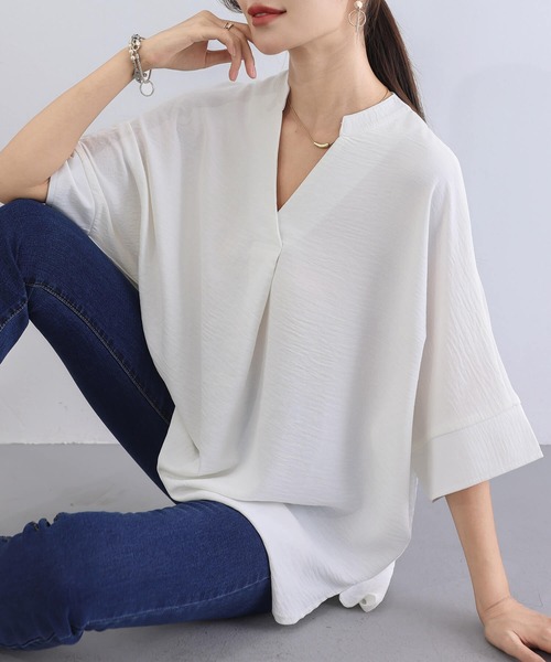 シャツ スキッパーシャツ トップス レディース 春 夏 シフォン 半袖 無地 5分袖 Vネック ステッチデザイン ポケット  シンプル おしゃ セール】シャツ レディース スキッパー ドルマン 春 夏 トップス