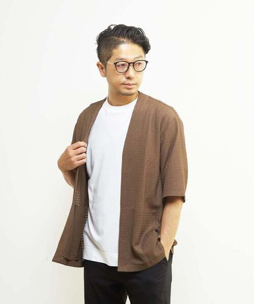 MEN'S MELROSE(メンズメルローズ)の「テクスチャーメッシュハーフスリーブカーディガン(カーディガン/ボレロ・メンズ・ブラック/グリーン/ブラウン・3/4/2)」の1枚目の写真
