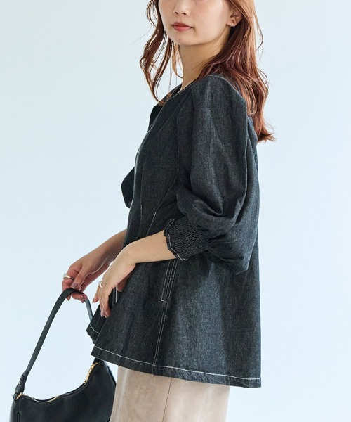 LAVEANGE(ラビアンジェ)の「フロントファスナーデニムブラウス│長袖/デニムシャツ/旬顔/こなれ感(その他トップス・レディース・ブラック/ネイビー・M/LL/3L/4L/5L)」の5枚目の写真