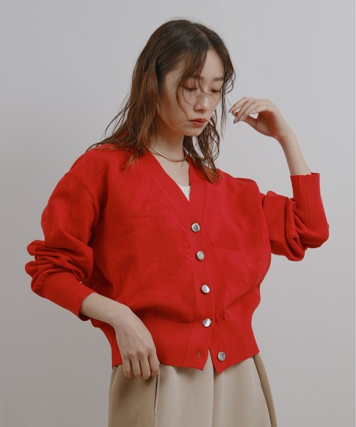 palm RICHE(ポームリシュ)の「ジャガード編みニットカーディガン(カーディガン/ボレロ・レディース・レッド/ブラック/グレイッシュベージュ・M)」の6枚目の写真