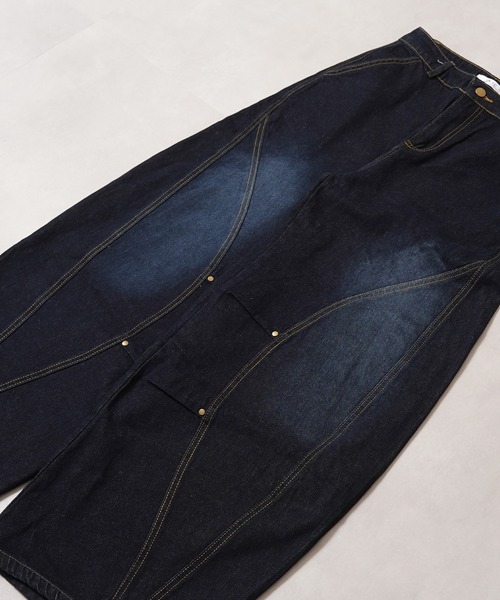 1111clothing（ワンフォークロージング）の「ワンウォッシュ バレルレッグ デニム ジーンズ / One-washed Barrel Leg Denim Jeans（デニムパンツ・メンズ・ネイビー・S/M/L/XL）」の17枚目の写真