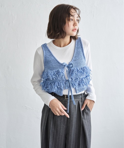 notch.(ノッチ)の「【notch. by yui】ニットフリンジビスチェ(ベスト・レディース・ライトグレー/ブラック/ブルー・M)」の1枚目の写真