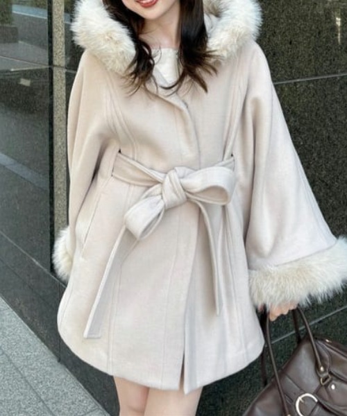 ウールMIXフードポンチョコート 秋服 冬服（ポンチョ）｜rienda