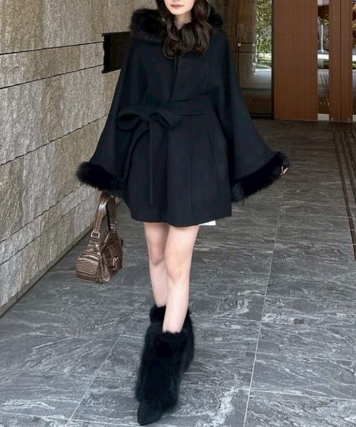 ウールMIXフードポンチョコート 秋服 冬服（ポンチョ）｜rienda