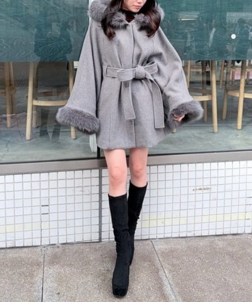 ウールMIXフードポンチョコート 秋服 冬服（ポンチョ）｜rienda