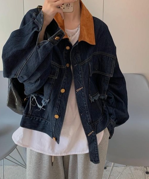 FAVORITO(ファヴォリート)の「襟配色デニムジャケット(デニムジャケット・レディース・ダークブルー・M/L/XL)」の1枚目の写真