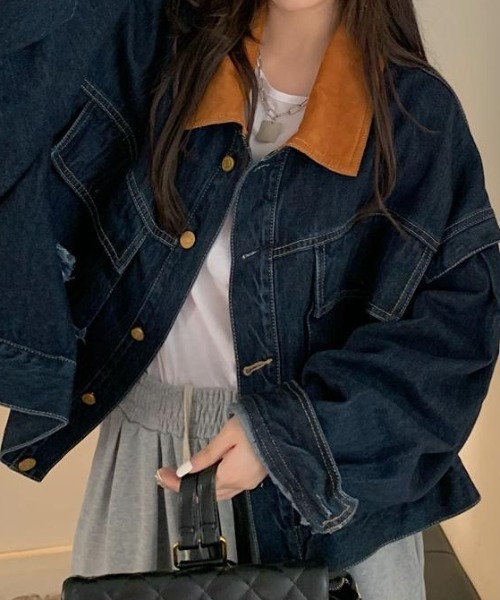 FAVORITO(ファヴォリート)の「襟配色デニムジャケット(デニムジャケット・レディース・ダークブルー・M/L/XL)」の2枚目の写真