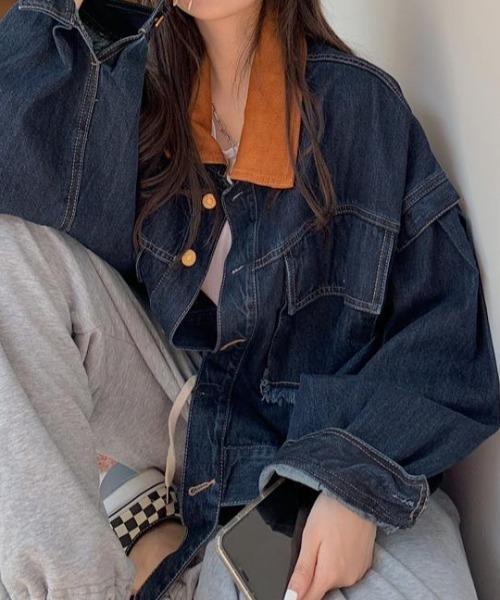 FAVORITO(ファヴォリート)の「襟配色デニムジャケット(デニムジャケット・レディース・ダークブルー・M/L/XL)」の4枚目の写真