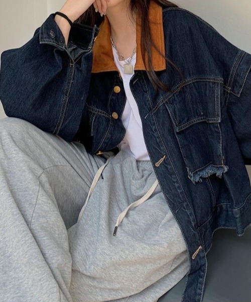 FAVORITO(ファヴォリート)の「襟配色デニムジャケット(デニムジャケット・レディース・ダークブルー・M/L/XL)」の5枚目の写真