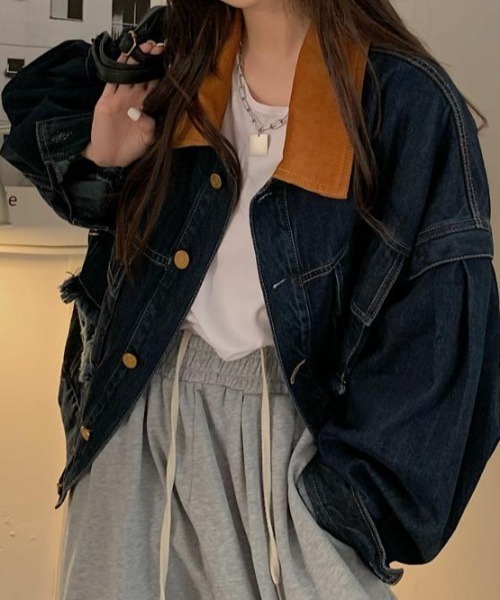 FAVORITO(ファヴォリート)の「襟配色デニムジャケット(デニムジャケット・レディース・ダークブルー・M/L/XL)」の3枚目の写真