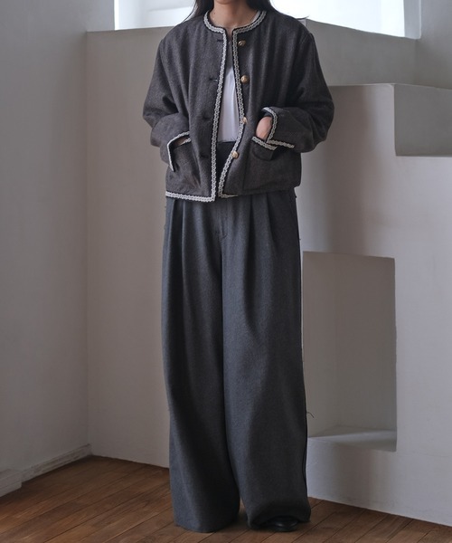 AKTE（アクテ）の「ツイードジャケット（ノーカラージャケット・レディース・アイボリー/チャコールグレー・FREE）」の6枚目の写真