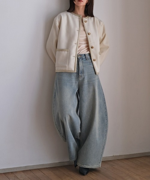 AKTE（アクテ）の「ツイードジャケット（ノーカラージャケット・レディース・アイボリー/チャコールグレー・FREE）」の10枚目の写真