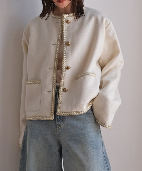 AKTE（アクテ）の「ツイードジャケット（ノーカラージャケット・レディース・アイボリー/チャコールグレー・FREE）」の13枚目の写真