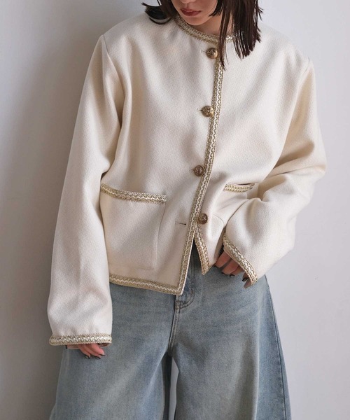 AKTE（アクテ）の「ツイードジャケット（ノーカラージャケット・レディース・アイボリー/チャコールグレー・FREE）」の15枚目の写真