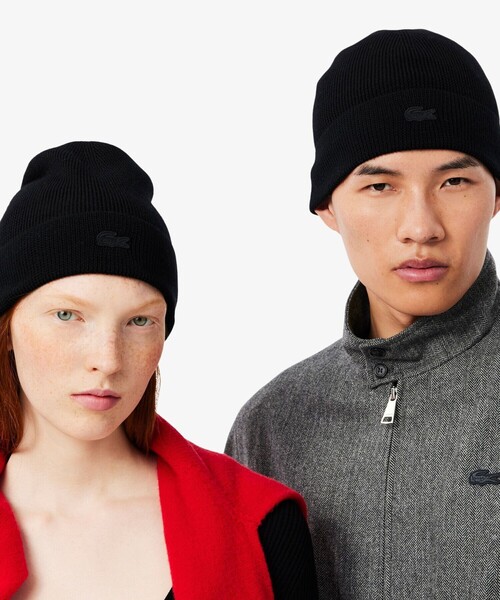 LACOSTE（ラコステ）の「メリノウールリブニットビーニー（ニットキャップ/ビーニー・メンズ・ブラック/ベージュ・FREE）」の2枚目の写真