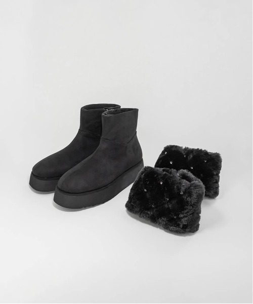 RANDA（ランダ）の「2WAY ビジュー×キルティングファームートンブーツ（ブーツ・レディース・ブラック/アイボリー/グレイッシュベージュ・S/M/L/LL）」の6枚目の写真