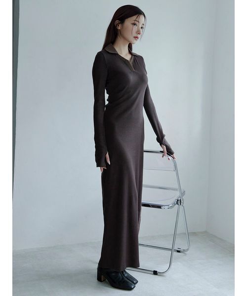 ワンピース maron セール】＜maronさんコラボ＞スキッパースリットヘムロングワンピース
