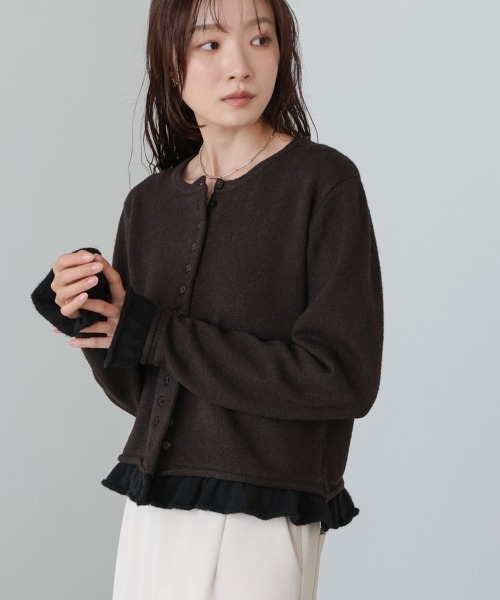 Bab（バブ）の「配色フリルニットカーディガン（カーディガン/ボレロ・レディース・ブラウン/アイボリー/グレー・FREE）」の3枚目の写真