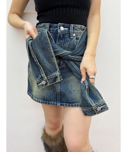 セール】スリーブデザインデニムミニスカート（デニムスカート