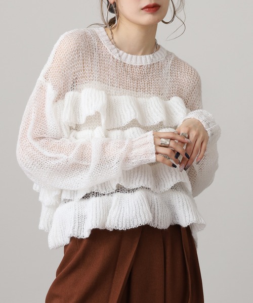 ふわがーる様確認ページ セール】透かし編みフリルデザインプルオーバー（ニット/セーター