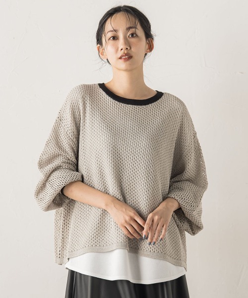 Droite lautreamont（ドロワットロートレアモン）の「メッシュ柄レイヤードニット≪手洗い可能≫（ニット/セーター・レディース・ライトグレー/オフホワイト/グリーン・M）」の3枚目の写真