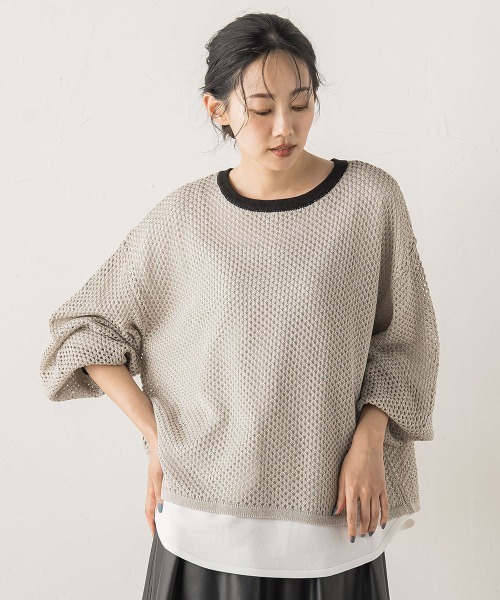 Droite lautreamont（ドロワットロートレアモン）の「メッシュ柄レイヤードニット≪手洗い可能≫（ニット/セーター・レディース・ライトグレー/オフホワイト/グリーン・M）」の4枚目の写真