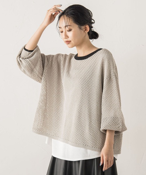Droite lautreamont（ドロワットロートレアモン）の「メッシュ柄レイヤードニット≪手洗い可能≫（ニット/セーター・レディース・ライトグレー/オフホワイト/グリーン・M）」の6枚目の写真