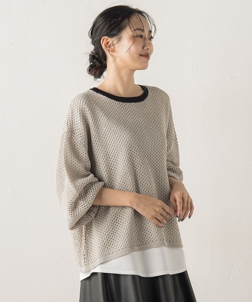 Droite lautreamont（ドロワットロートレアモン）の「メッシュ柄レイヤードニット≪手洗い可能≫（ニット/セーター・レディース・ライトグレー/オフホワイト/グリーン・M）」の7枚目の写真