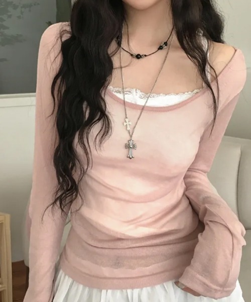 VIVID LADY(ビビッドレディー)の「シアー ロングスリーブTシャツ(Tシャツ/カットソー・レディース・ライトグレー/ブラウン/ピンク/ミント/アイボリー/ブラック/ライトブルー/ワイン/チャコールグレー・FREE)」の8枚目の写真