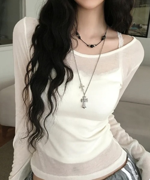 VIVID LADY(ビビッドレディー)の「シアー ロングスリーブTシャツ(Tシャツ/カットソー・レディース・ライトグレー/ブラウン/ピンク/ミント/アイボリー/ブラック/ライトブルー/ワイン/チャコールグレー・FREE)」の2枚目の写真