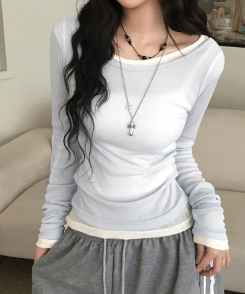 VIVID LADY(ビビッドレディー)の「シアー ロングスリーブTシャツ(Tシャツ/カットソー・レディース・ライトグレー/ブラウン/ピンク/ミント/アイボリー/ブラック/ライトブルー/ワイン/チャコールグレー・FREE)」の7枚目の写真