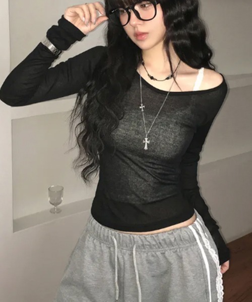 VIVID LADY(ビビッドレディー)の「シアー ロングスリーブTシャツ(Tシャツ/カットソー・レディース・ライトグレー/ブラウン/ピンク/ミント/アイボリー/ブラック/ライトブルー/ワイン/チャコールグレー・FREE)」の3枚目の写真