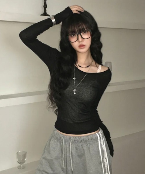 VIVID LADY(ビビッドレディー)の「シアー ロングスリーブTシャツ(Tシャツ/カットソー・レディース・ライトグレー/ブラウン/ピンク/ミント/アイボリー/ブラック/ライトブルー/ワイン/チャコールグレー・FREE)」の15枚目の写真