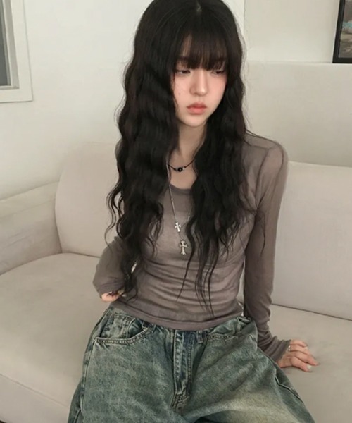 VIVID LADY(ビビッドレディー)の「シアー ロングスリーブTシャツ(Tシャツ/カットソー・レディース・ライトグレー/ブラウン/ピンク/ミント/アイボリー/ブラック/ライトブルー/ワイン/チャコールグレー・FREE)」の20枚目の写真