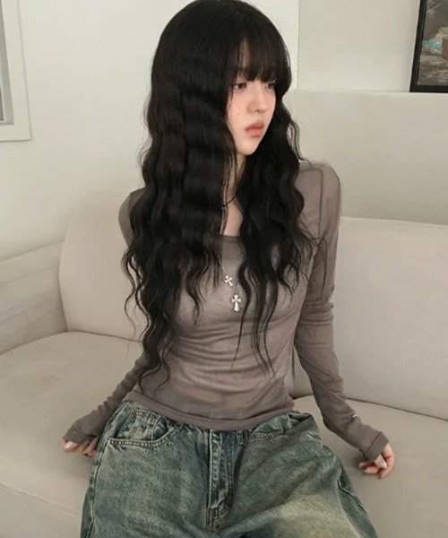 VIVID LADY(ビビッドレディー)の「シアー ロングスリーブTシャツ(Tシャツ/カットソー・レディース・ライトグレー/ブラウン/ピンク/ミント/アイボリー/ブラック/ライトブルー/ワイン/チャコールグレー・FREE)」の21枚目の写真