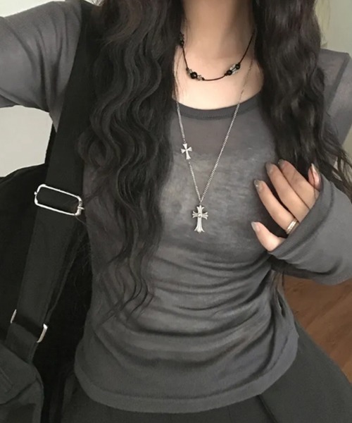 VIVID LADY(ビビッドレディー)の「シアー ロングスリーブTシャツ(Tシャツ/カットソー・レディース・ライトグレー/ブラウン/ピンク/ミント/アイボリー/ブラック/ライトブルー/ワイン/チャコールグレー・FREE)」の22枚目の写真