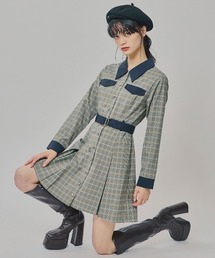 REDYAZEL | バイカラーチェックボックスプリーツシャツミニワンピース(ワンピース)