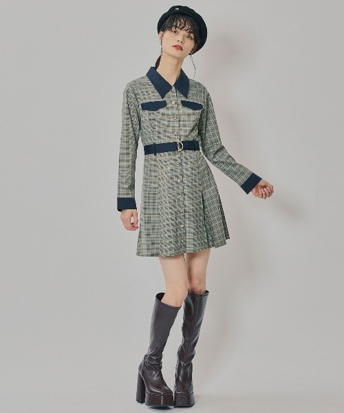 REDYAZEL（レディアゼル）の「バイカラーチェックボックスプリーツシャツミニワンピース（ワンピース・レディース・ネイビー/ブラウン/グレー・SMALL/MEDIUM）」の4枚目の写真
