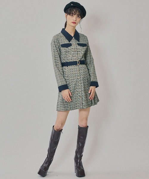 REDYAZEL（レディアゼル）の「バイカラーチェックボックスプリーツシャツミニワンピース（ワンピース・レディース・ネイビー/ブラウン/グレー・SMALL/MEDIUM）」の6枚目の写真