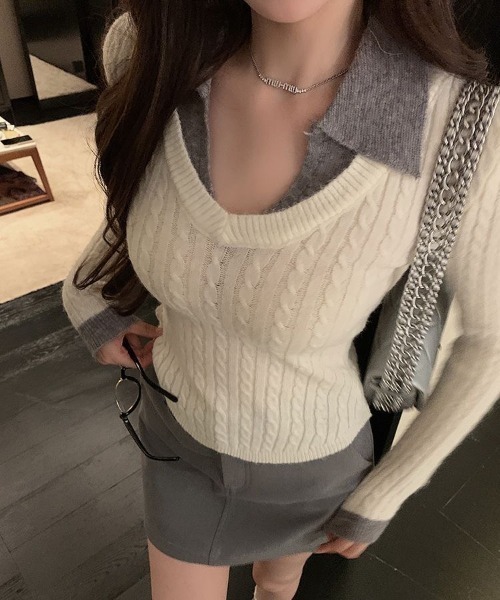 セール】シャツレイヤード風ニットトップス（ニット/セーター